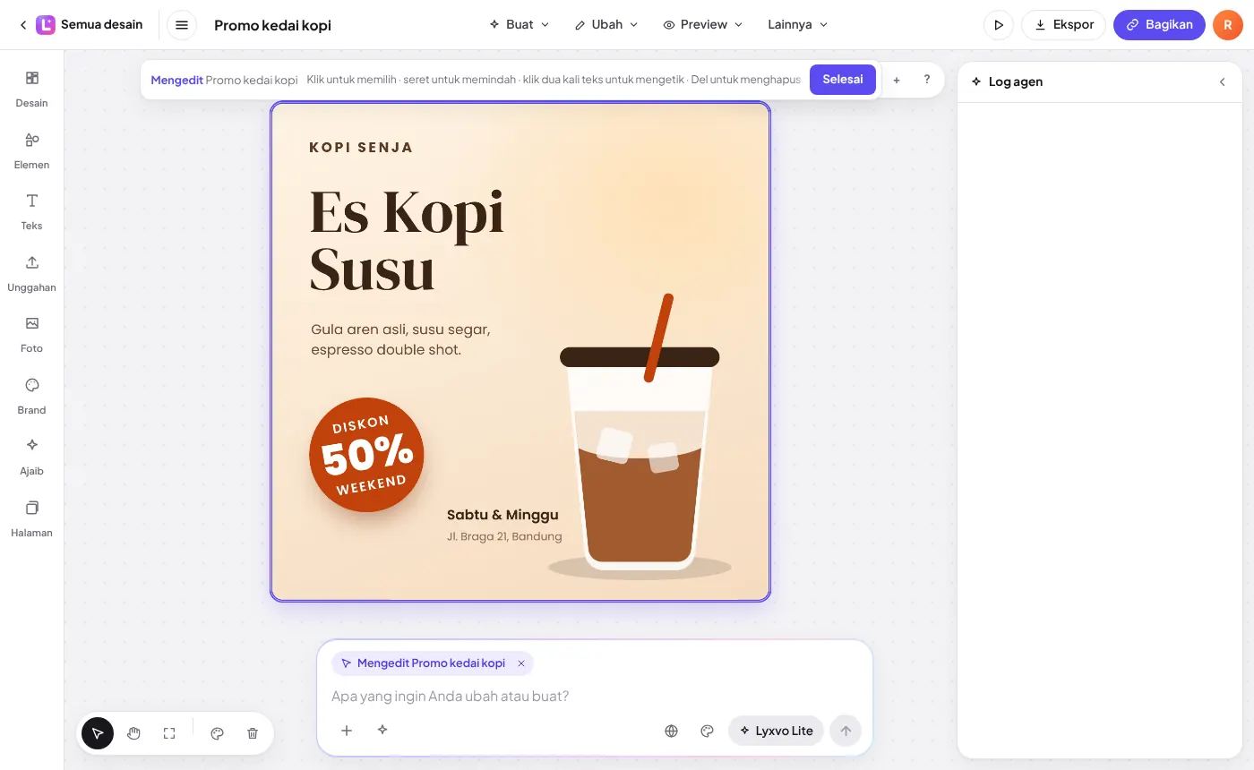 Desain terbuka di kanvas dengan alat edit