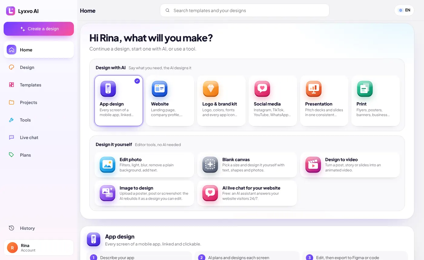 Lyxvo AI Home with the AI design cards and editor tools