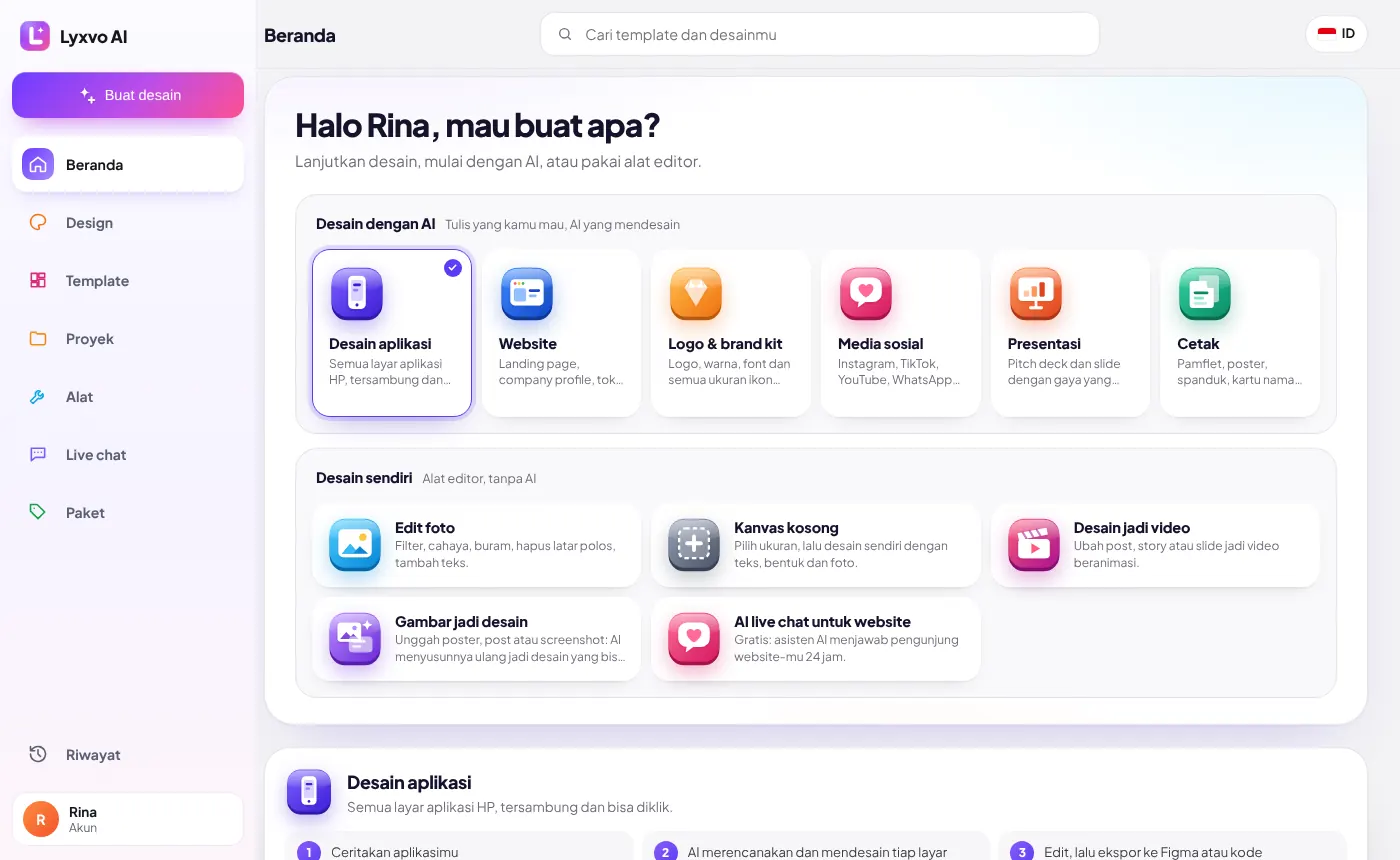 Beranda Lyxvo AI dengan kartu desain AI dan alat editor