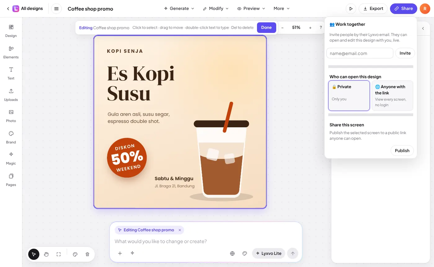 The Share menu with Work together and public links