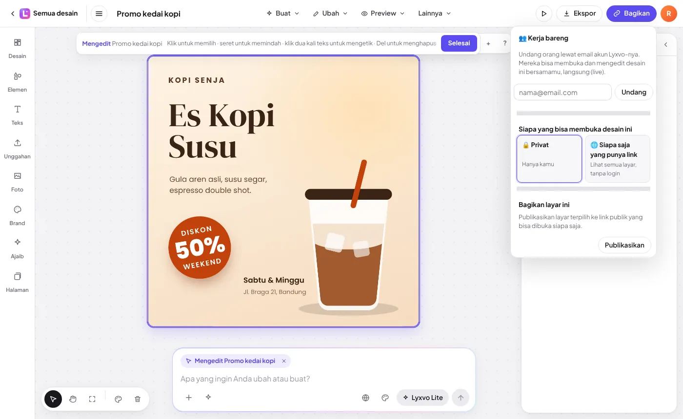 Menu Bagikan dengan Kerja bareng dan link publik