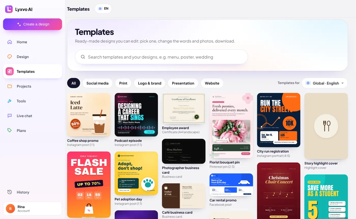 The template library with search and country choice