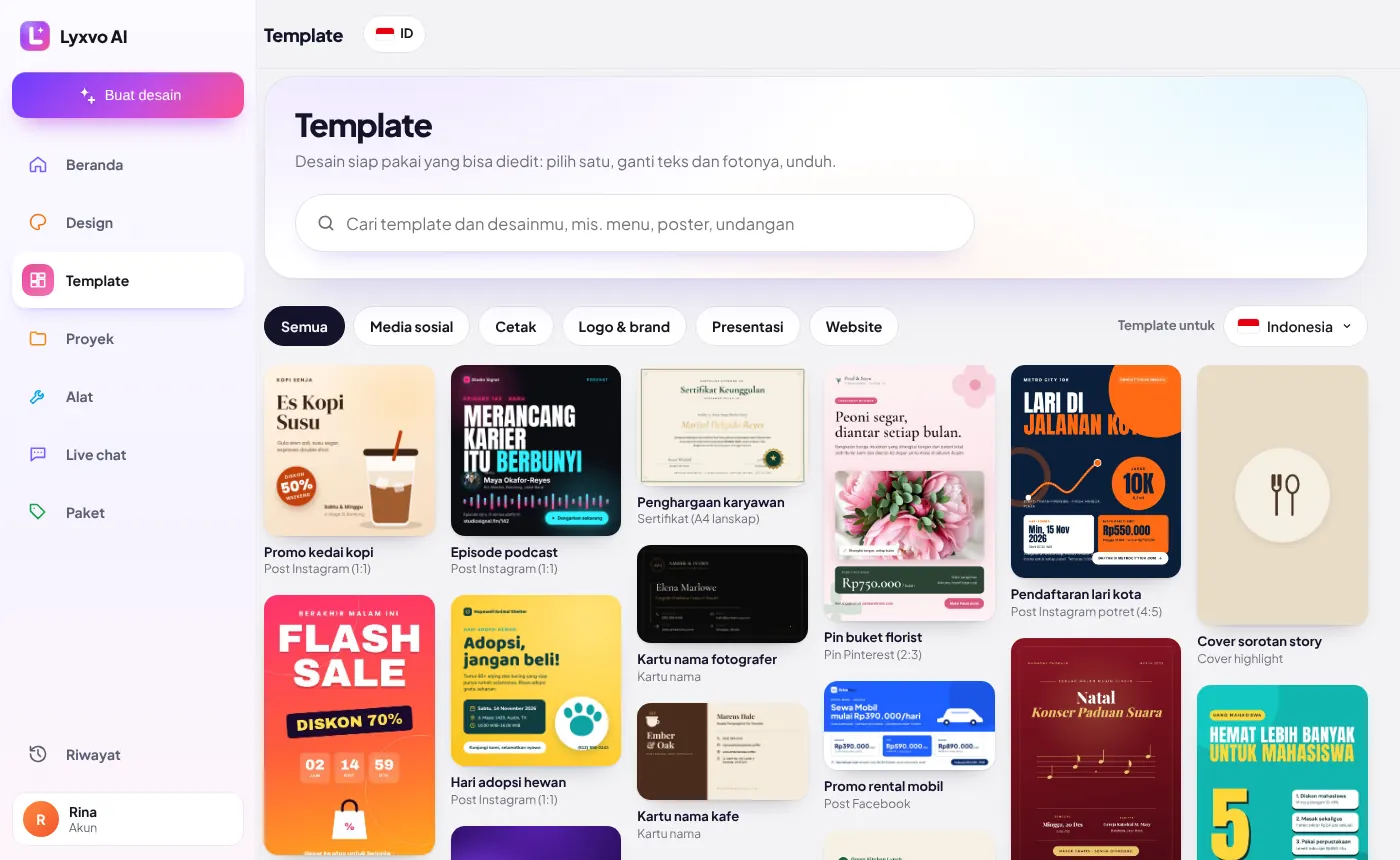 Perpustakaan template dengan pencarian dan pilihan negara