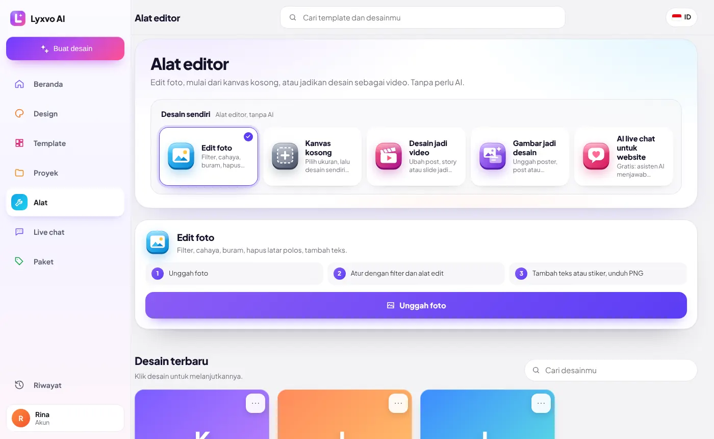 Layar Alat dengan alat-alat editor