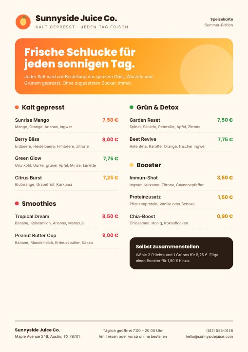 Juice bar menu