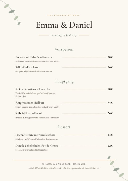 Wedding reception menu