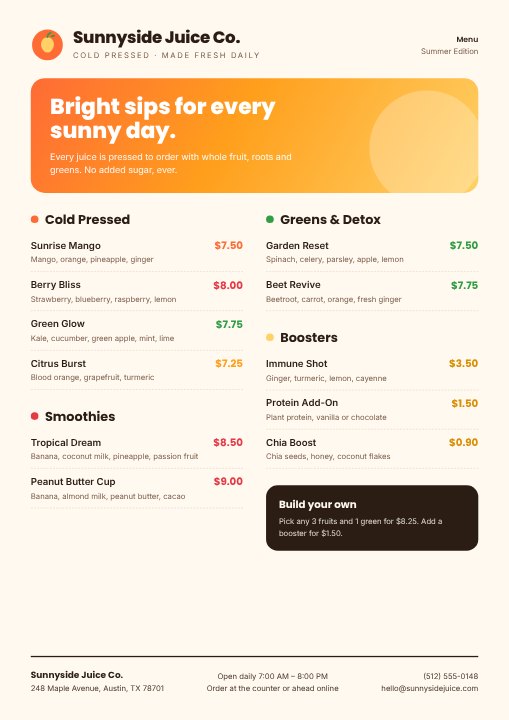 Juice bar menu