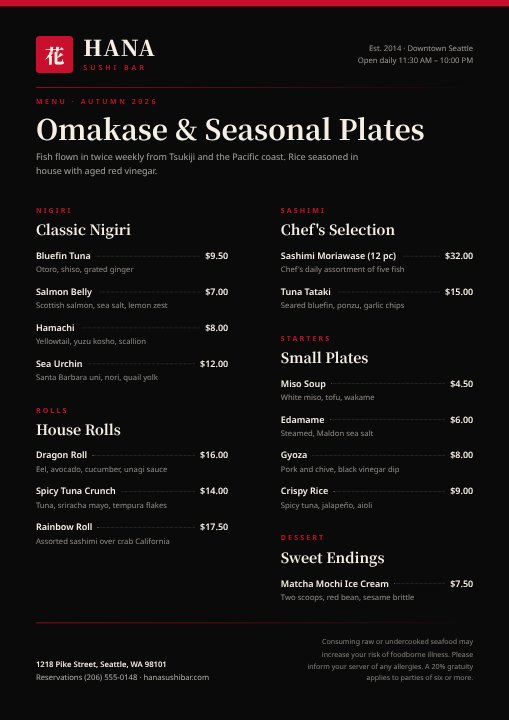 Sushi menu