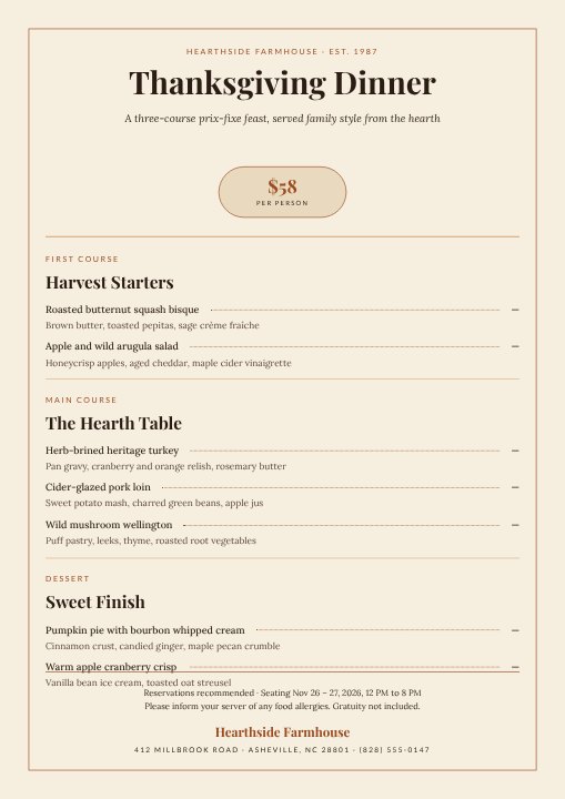 Thanksgiving dinner menu