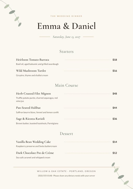 Wedding reception menu