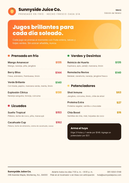 Juice bar menu
