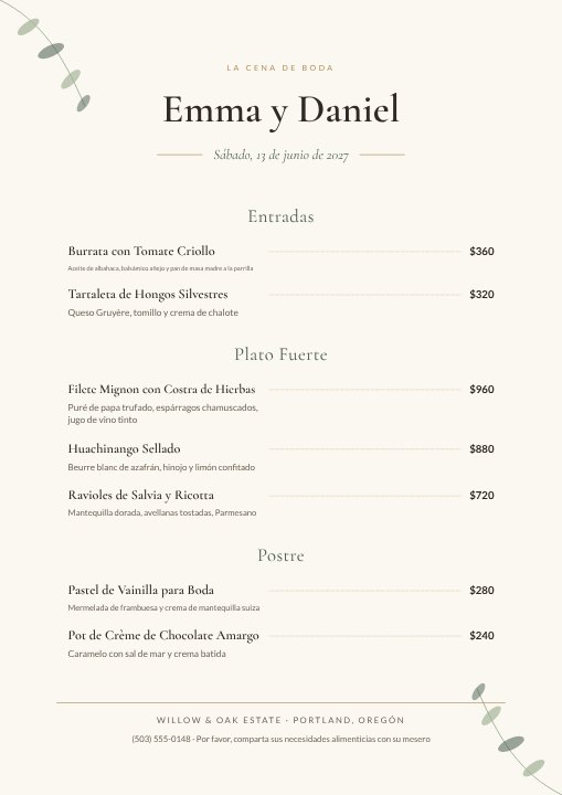 Wedding reception menu