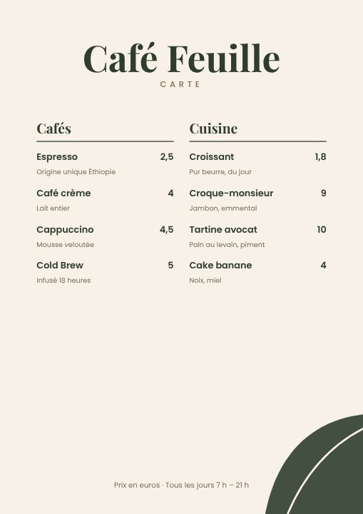 Café menu
