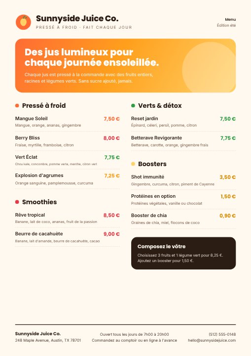 Juice bar menu