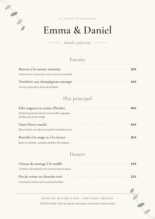 Wedding reception menu