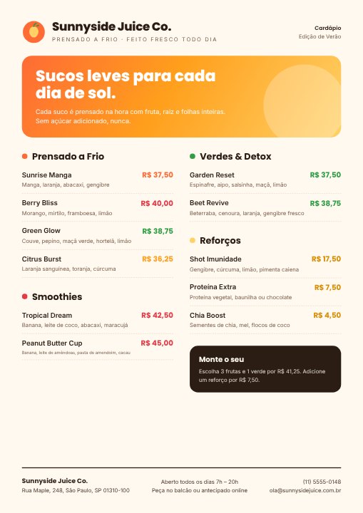 Juice bar menu