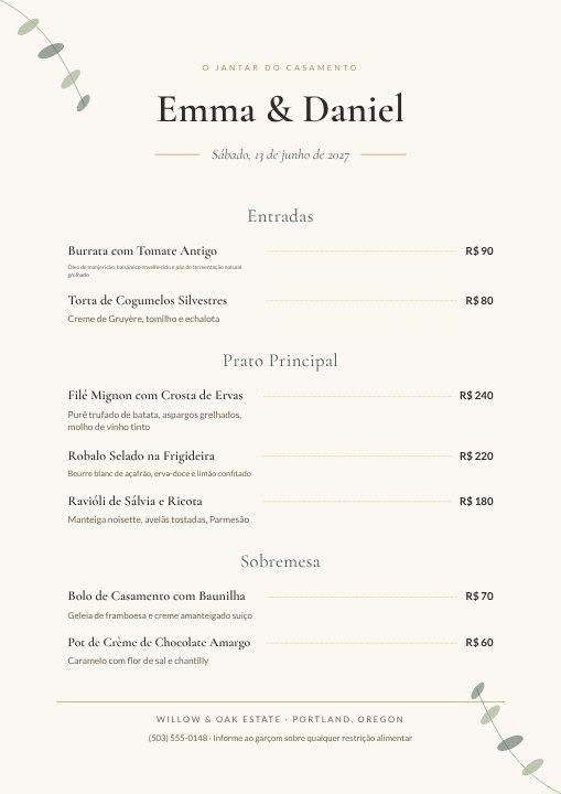 Wedding reception menu