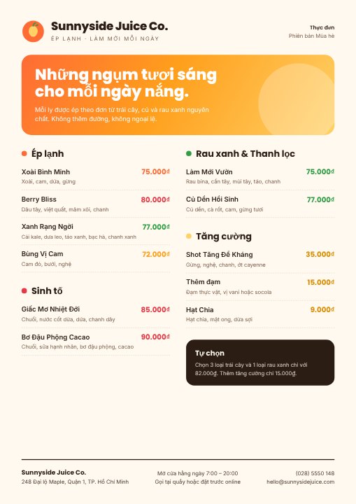 Juice bar menu