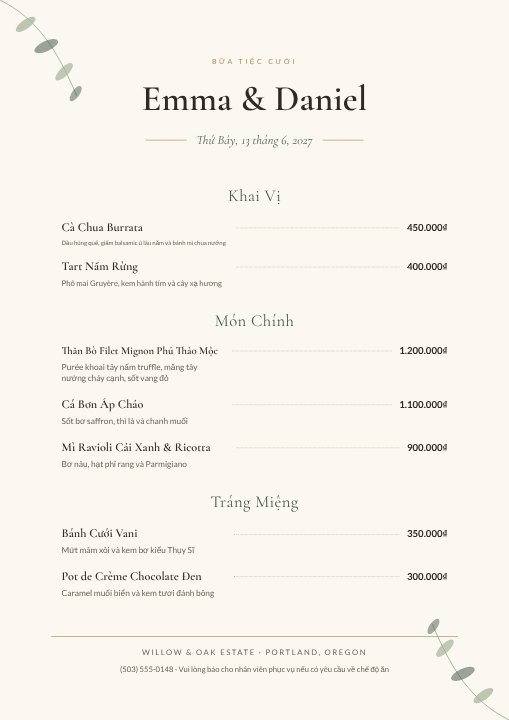 Wedding reception menu